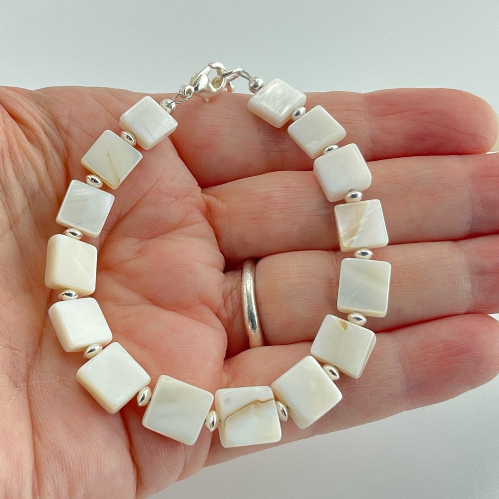 Mother of Pearl Bracelet, Geometric, Squares, Neutral, Beach Vibe, Handmade - Picture 6 of 10